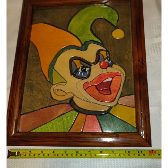 CREEPY CLOWN Colorful Art Picture Inlaid Wood JOKER JESTER Plaque 15x12 Signed - Picture 16 of 16